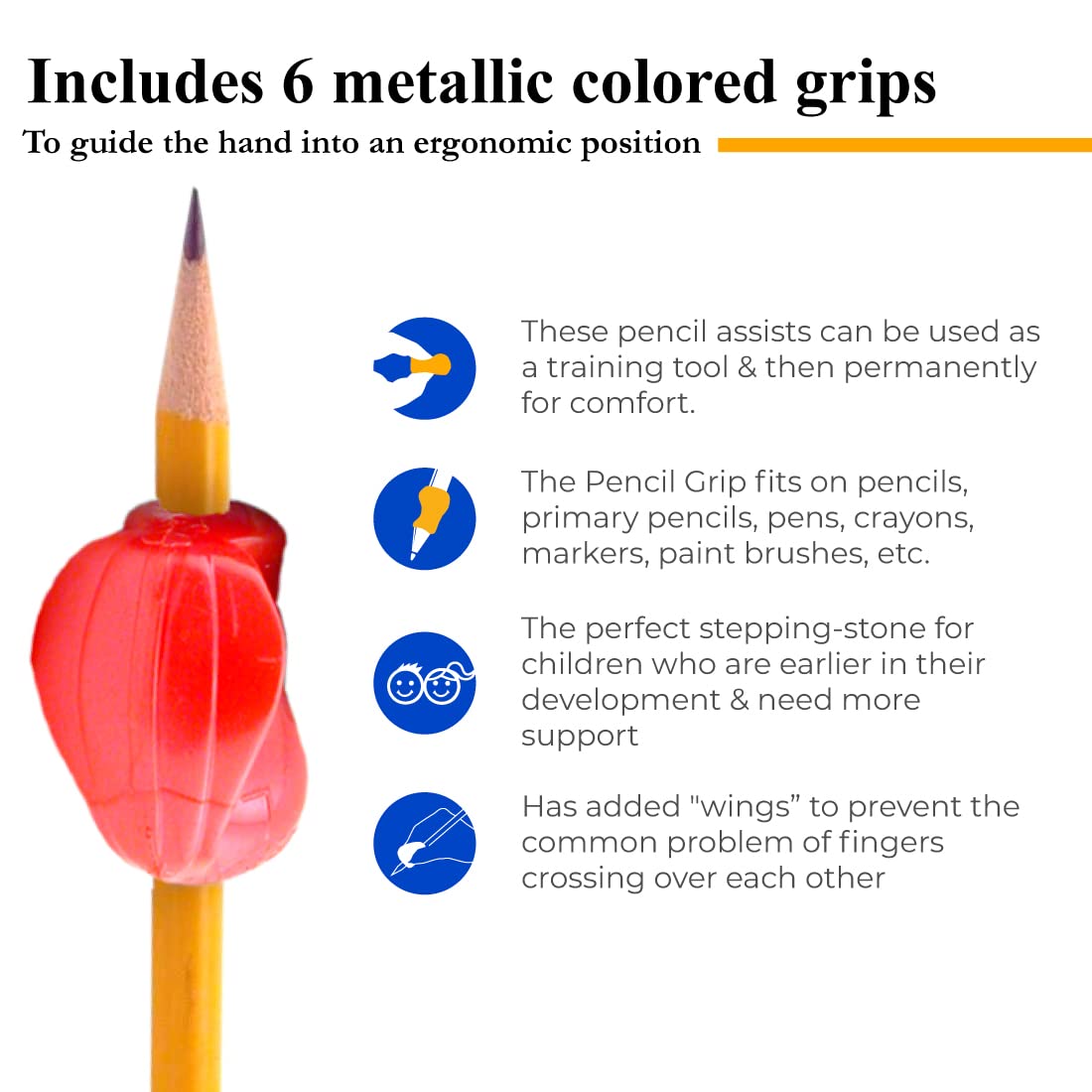 The Pencil Grip Pencil Grips, The Crossover Grip, Metallic Ergonomic Writing Aid For Righties And Lefties, Colorful Pencil Grippers, Assorted Metallic Colors, 6 Count - TPG-17706