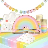 BLUE PANDA 99-Pieces Rainbow Party Supplies, Pastel Dinnerware, Tablecloth, Happy Birthday Banner Decoration (Serves 24)