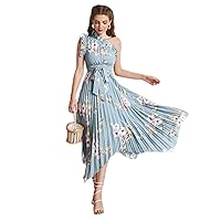Women's Dresses Ruffle Trim One Shoulder Pleated Hanky Hem Belted Floral Dress Dress for Women