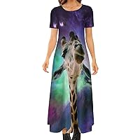 Space Giraffes Women's Summer Casual Short Sleeve Maxi Dress Crew Neck Printed Long Dresses