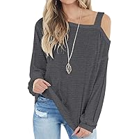 IWOLLENCE Womens Cold Shoulder Tops Long Sleeve Shirts Blouse Waffle Knit Tunic Casual Tops Loose Fit