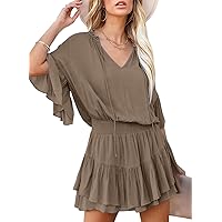 Acelitt Womens V Neck Ruffle Short Sleeve Mini Dress Smocked Elastic Waist A-Line Flowy Dresses