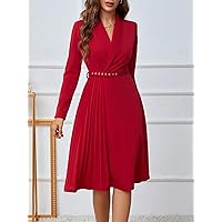 Women's Dress Shawl Collar Pleated Hem Belted Dress Dresses for Women (Color : Red, Size : X-Small)