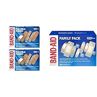 Band-Aid Brand Flexible Fabric Adhesive Bandages for Comfortable Flexible Protection, Twin Pack, 2 x 100 ct & Brand Adhesive Bandage Family Variety Pack, Sheer & Clear Flexible Sterile Bandages