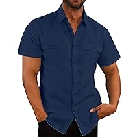 Men's Casual Linen Beach Shirts Button Down Pocket Shirt Summer Short Sleeve Tops Regular Fit Solid T-Shirt Hawaiian Tees