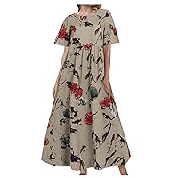 Women Empire Waist Maxi Sundress Summer Casual Boho Cotton Linen Beach Dresses Crew Neck Short Sleeve A-Line Dress