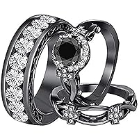 Round Cut Black CZ Diamond & White Diamond 14K Black Gold Plated 925 Sterling Sliver Cross Engagement Wedding Band Bridal Trio Ring Set for Men's & Women's