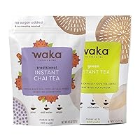 Waka Tea, Premium Instant Chai Tea and Premium Green Tea Powder, 4.5 oz Bulk Bags, No Sugar Added