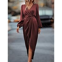 Women's Dress Lantern Sleeve Twist Front Wrap Hem Satin Dress Dresses for Women (Color : Rust Brown, Size : X-Large)