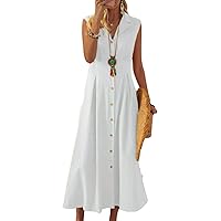 ebossy Women's Summer Cotton Linen Sleeveless Notched Collar High Waist Button Down Long Dress