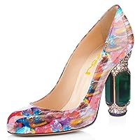 FSJ Women Stylish Closed Toe Rhinestone Emerald Chunky High Heel Pumps Rivets Slip on Party Evening Business Shoes Size 4-15 US