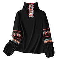 Ethnic Tops Embroidery High Collar Patchwork T-Shirt Women Autumn Winter Chinese Pullover