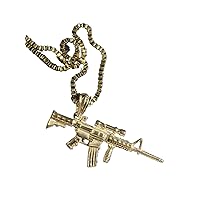 Men Women 925 Italy Gold Finish Iced AK-47 Gun Pendant Stainless Steel Real 2 mm Box Chain Necklace 24 Inches, Mens Jewelry, Iced Pendant, Box Necklace