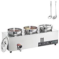 VEVOR Electric Soup Warmer, Three 7.4QT Stainless Steel Round Pot, 1200W Commercial Food Warmer, 86~185°F Adjustable Temp, Bain Marie with Anti-Dry Burn and Reset Button, for Restaurant, Buffet
