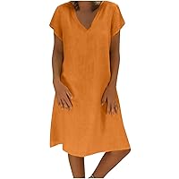 Women's Short Sleeve Tunic Dress Casual Cotton Linen Knee Length Dresses V Neck Summer Beach Dress Loose Comfy Sundresses Orange