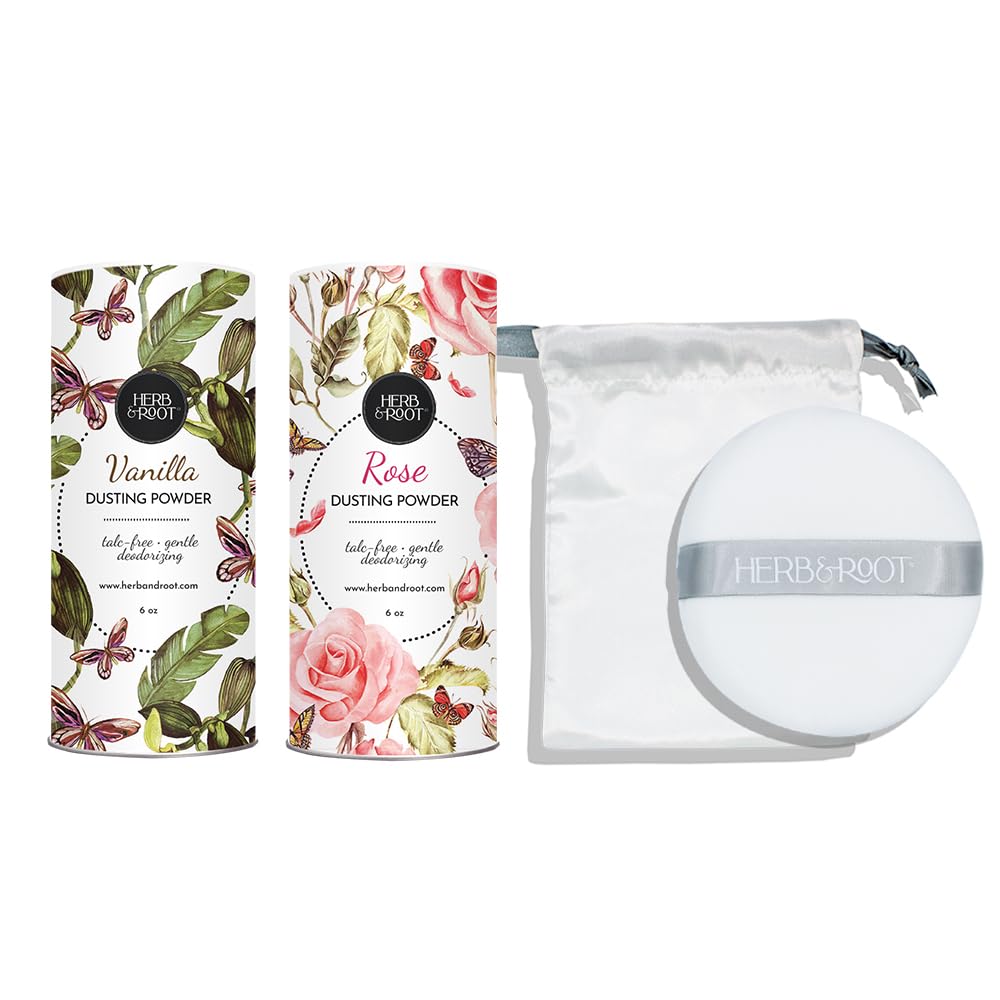 Vanilla and Rose Dusting Powder Bundle with Travel Powder Puff and Case