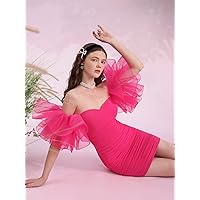 Women's Dress Off Shoulder Exaggerated Ruffle Trim Ruched Mesh Bodycon Dress (Color : Hot Pink, Size : X-Large)