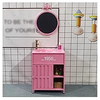 Industrial Style Vanity Unit with Basin, Modern Basin Cupboard with Faucet and Drain Free Standing Bathroom Cabinet 25.5 x 18.11 x 33.4 in,Pink,with Mirror