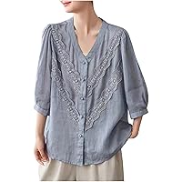 Women 3/4 Puff Sleeve Button Down Cotton Linen Shirts Fashion Lace V Neck Casual Loose Fit Plain Blosues Tops