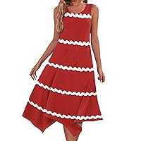 Summer Sundresses Sundresses for Women 2024 Striped Print Casual Fashion Patchwork Slim with Sleeveless Round Neck Swing Dress Red X-Large