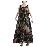Sundresses for Women Over 50 Midi Length,2024 Vintage Floral Print Sleeveless Round Neck Cotton Linen Dress Loo