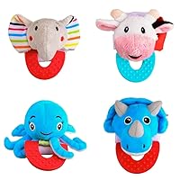Pack of 4, Elephant, Cow, Octopus, and Dinosaur Combo Teether for Babies, 0-2.5yrs, Easy to Hold, Soft, Natural Organic Freezer Safe Teethers, Silicone BPA Free Baby Teething Toys