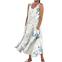 Maxi Dresses for Women 2024 Summer Casual Fashion Retro Printed Sleeveless Round Neck Pocket Dress