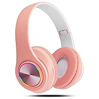 Bluetooth Headphones Over-Ear, 60 Hours Playtime Foldable Lightweight Wireless Headphones Hi-Fi Stereo, Bass Adjustable Headset with Built-in HD Mic, FM, SD/TF for PC/Home (Pink)
