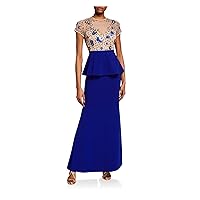 Aidan Mattox Womens Blue Sequined Beaded Floral Short Sleeve Illusion Neckline Maxi Formal Sheath Dress 2