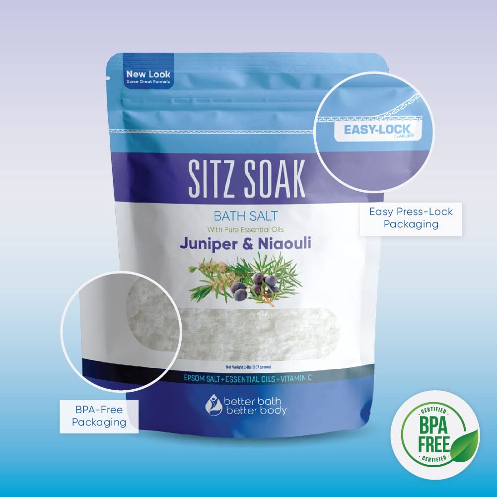 Sitz Bath Soak 32 Ounces Sitz Salt Epsom Salt Hemorrhoid Soothing with Pure Essential Oils in BPA Free Pouch with Press-Lock Seal Made in USA