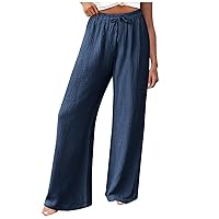 Womens High Waisted Pants Summer Casual Drawstring Elastic Loose Trousers Wide Leg Palazzo Pants Beach Flowy Trousers