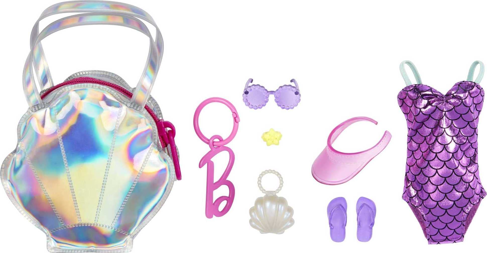 Barbie Clothes, Deluxe Clip-On Beach Bag with Swimsuit and Five Themed Accessories for Barbie Dolls