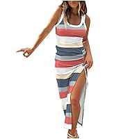 Bodycon Dresses for Women Summer Sexy Sleeveless Ribbed Long Dress Color Block Drawstring Ruched High Slit Dresses