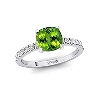 Women's Statement Ring, Peridot 14kt Gemstone Birthsone Ring, 7MM CUSHION Shape with 32 Diamond/Jewellery for Women, Gift for Mother/Sister/Wife