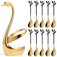AnSaw Gold Small Swan Base Holder With Black & Gold 10Pcs 4.7Inch leaf Handle Coffee Spoon Set