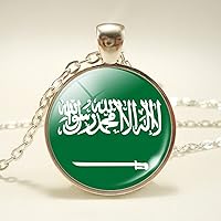 Saudi Arabia Flag Pendant Necklace - World Flag Time Stone Ethnic Clavicle Chain Patriotic Charm Couple Sweater Cha