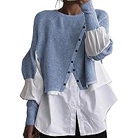 Womens Trendy Patchwork Shirts 2 in 1 Oblique Buttons Lantern Sleeve Pullover Sweater Casual Layered Raglan Loose Top
