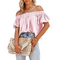 Dokotoo Women's Off The Shoulder Tops Shirred Neck Ruffle Sleeve Flowy Cotton Blouses Shirts