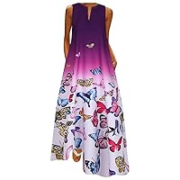 Floral Dress for Women, Women Plus Size Butterfly Print Daily Sleeveless Vintage Boho V Neck Maxi Dress Casual