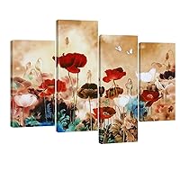 Wieco Art Blooming Poppies Large Colorful Flowers Canvas Prints Wall Art Floral Giclee Pictures Paintings for Living Room Bedroom Home Decorations Modern 4 Panels Stretched and Framed Artwork XL
