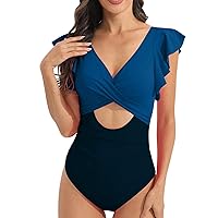 One Piece Swimsuit for Women Trendy Ruched Tummy Control High Cut Backless Swimwear Wrap V Neck Bathing Suits