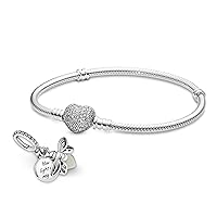 Pandora Jewelry Bundle with Gift Box - Moments Sterling Silver Snake Chain Charm Bracelet with Heart Clasp with CZ, 7.1