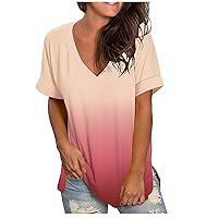 Women's 2024 Stylish T-Shirts Gradient Short Sleeve Tee Top Fashion Deep V Neck Loose Blouse Trendy Casual Summer Clothes