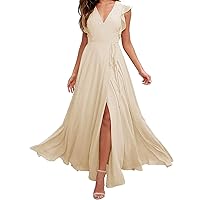 V Neck Ruffled Chiffon Bridesmaid Dresses Long Formal Evening Party Gown with Slit