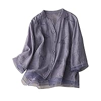 Women Button Down Mesh Patchwork Cotton Linen Shirts Summer Long Sleeve V Neck Casual Loose Embroidery Blosues Tops