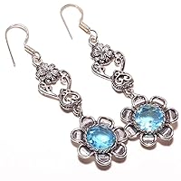 Wonderful! Blue Topaz Quartz HANDMADE Jewelry Sterling Silver Plated Earring 2.5