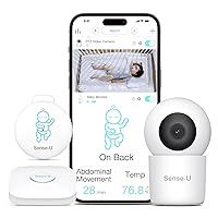 Sense-U Smart Baby Monitor 3+2K PTZ Camera - Tracks Abdominal Movement, Rollover, Temp, 2K Video, Audio, Motion, with Realtime Alert, Pan-Tilt-Zoom, Night Vision