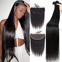 Human Hair Bundles with Lace Frontal 3 Bundles with 13x4 Lace Frontal Free Part 12A Straight Hair 100% Unprocessed Brazilian Virgin Human Hair Bundles Hair Extensions (12 14 16+10 with frontal)