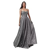Spaghetti Strap Sequin Prom Dresses for Women 2024 Sparkly Long A-Line Corset Evening Ball Gown with Slit Grey