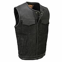 Milwaukee Leather MDM3008 Men's 'Brute' Black Perforated Leather and Denim Club Style Vest w/Hidden Dual Closure